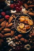 assorted nuts and dried fruits in a bowl on a dark background generative ai photo