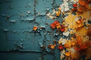 autumn leaves on a blue painted wall generative ai photo
