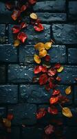 autumn leaves on a brick wall generative ai photo