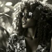 beautiful african american woman wearing sunglasses in the garden generative ai photo