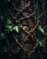 barbed wire and ivy on a brick wall generative ai photo