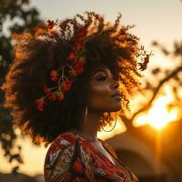 beautiful african american woman with afro hair at sunset generative ai photo