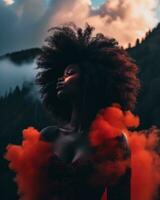 beautiful african american woman with red smoke in her hair generative ai photo