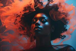 beautiful african american woman with red smoke in her hair generative ai photo