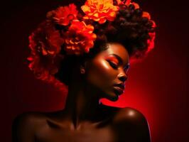 hermosa africano mujer con rojo flores en su pelo generativo ai foto