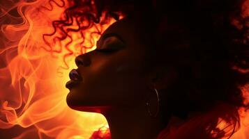 beautiful african american woman with red hair in fire generative ai photo