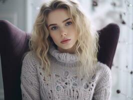 beautiful blonde woman in sweater sitting in chair generative ai photo