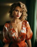 beautiful blonde woman with red lipstick posing in an orange dress generative ai photo