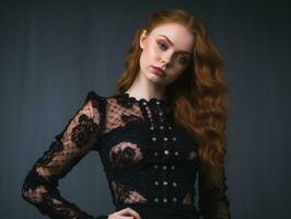 beautiful red haired woman in black lace dress generative ai photo