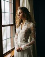 beautiful bride in lace wedding dress by the window generative ai photo