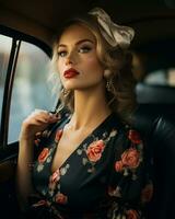 beautiful blonde woman sitting in the back seat of a car generative ai photo