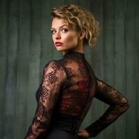 beautiful woman in black lace dress with red lips generative ai photo