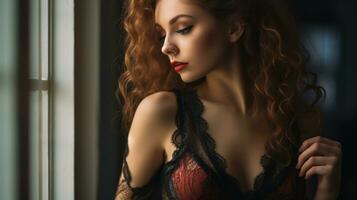 beautiful red haired woman in lingerie looking out the window generative ai photo