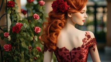 hermosa rojo peludo mujer en rojo vestir con rosas generativo ai foto