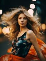 beautiful blonde woman with flowing hair in the city at night generative ai photo
