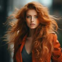 hermosa pelirrojo mujer con largo pelo en el ciudad generativo ai foto