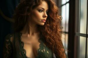 beautiful redhead woman in lingerie looking out the window generative ai photo