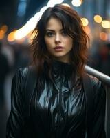 beautiful woman in black leather jacket in the city at night generative ai photo