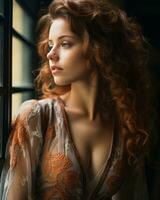 hermosa pelirrojo mujer con largo Rizado pelo mirando fuera el ventana generativo ai foto