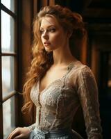 beautiful woman in lace dress by the window generative ai photo