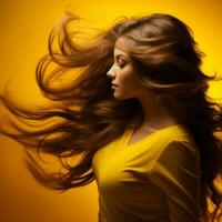 hermosa mujer con largo pelo en amarillo antecedentes generativo ai foto