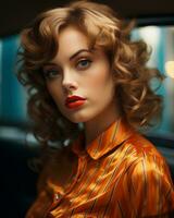 beautiful woman with curly hair and red lipstick sitting in a car generative ai photo