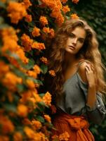 beautiful woman with long curly hair posing in front of orange flowers generative ai photo