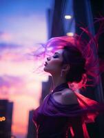 beautiful woman with pink hair in the city at sunset generative ai photo