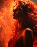 hermosa mujer con rojo pelo y fuego en el antecedentes generativo ai foto