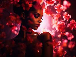 beautiful woman with red flowers in her hair generative ai photo