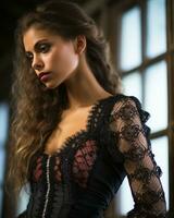 beautiful young woman in black corset and lace stock photo generative ai