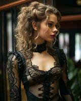 beautiful young woman in black lace corset generative ai photo