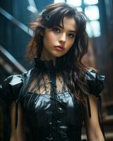beautiful young woman in black leather dress posing for the camera generative ai photo