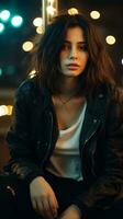 beautiful young woman in black leather jacket sitting on the street at night generative ai photo