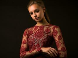 beautiful young woman in red lace dress on black background generative ai photo