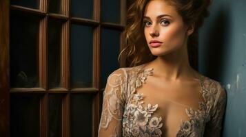 beautiful young woman in lace dress posing in front of window generative ai photo