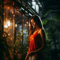 beautiful young woman standing in front of a window at night generative ai photo