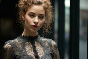 beautiful young woman with curly hair and red lipstick posing in front of a window generative ai photo