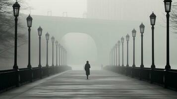 negro y blanco foto de un persona caminando en un puente en el niebla generativo ai