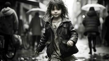 negro y blanco foto de un pequeño niña caminando en el lluvia generativo ai