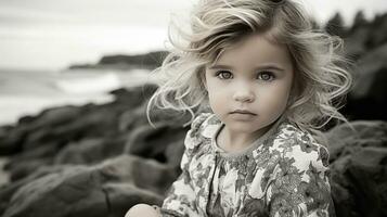 black and white photo of a little girl sitting on rocks by the ocean generative ai