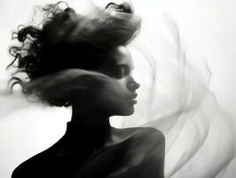 black and white photo of a woman with curly hair generative ai