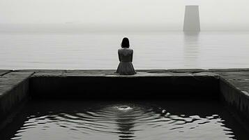 black and white photo of a woman sitting on the edge of a pool generative ai