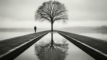 black and white photo of a lone person standing in front of a tree generative ai