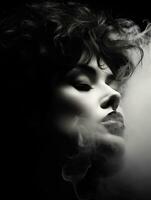 black and white photo of a woman with smoke coming out of her mouth generative ai
