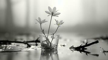 black and white photograph of flowers in a vase generative ai photo