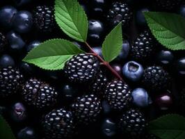 blackberries and blueberries with leaves on a black background generative ai photo