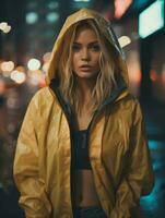 blonde woman in yellow raincoat standing in the rain at night generative ai photo