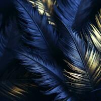 blue and gold feathers on a dark background generative ai photo