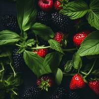 blackberries strawberries and mint leaves on a black background generative ai photo
